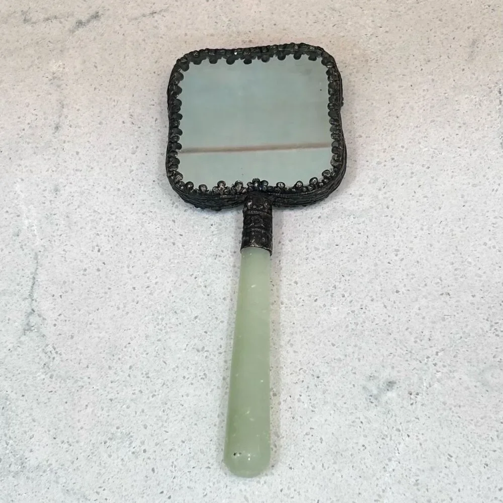Vtg Chinese Hand Mirror Rounded Corner Squircle W/ Jade Handle & Porcelain Back